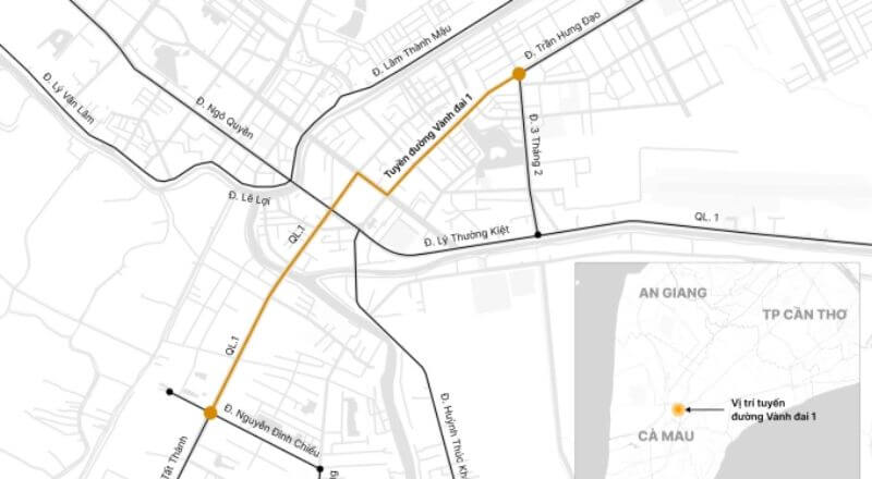 Hình về tuyến đường Vành đai 1 đi qua TP Cà Mau cũ