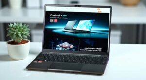 Mẫu laptop Chuwi CoreBook X ở trên chiếc bàn
